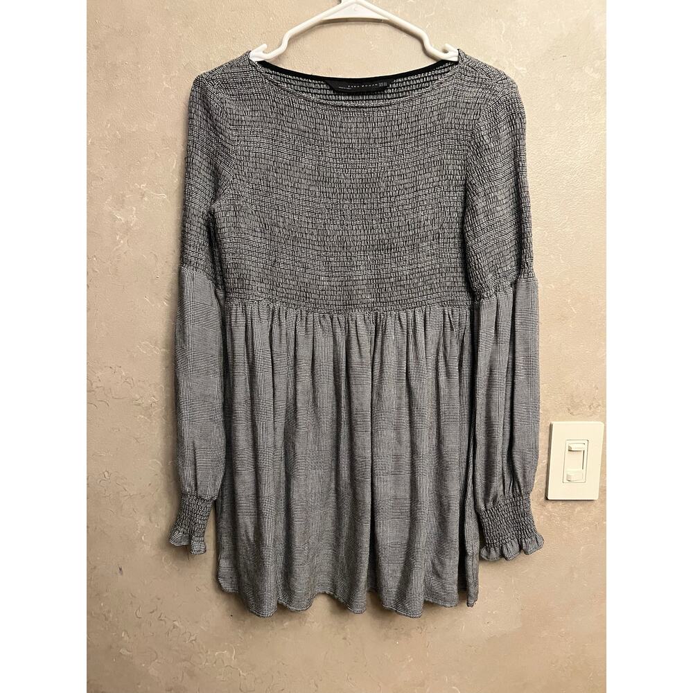 Zara Grey Smocked Plaid Babydoll Blouse Balloon Sleeve Tunic Top Houndstooth XS - Picture 4 of 12